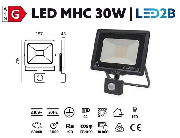 LED reflektor 30W s detektorom pohybu 6000K čierny