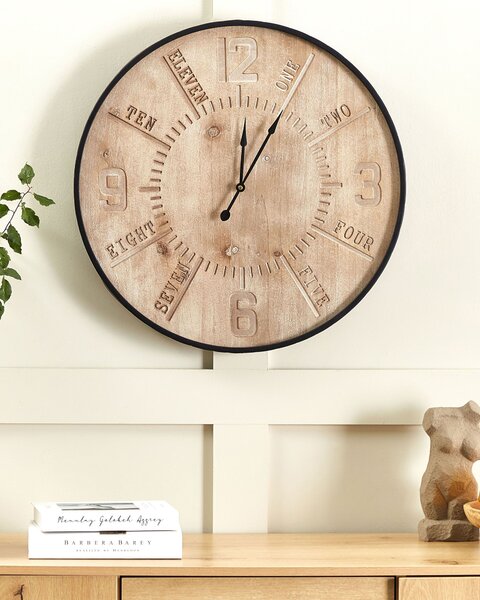 Nástenné hodiny farba svetlého dreva MDF 60 cm kovový rám retro dizajn do obývačky spálne kuchyne