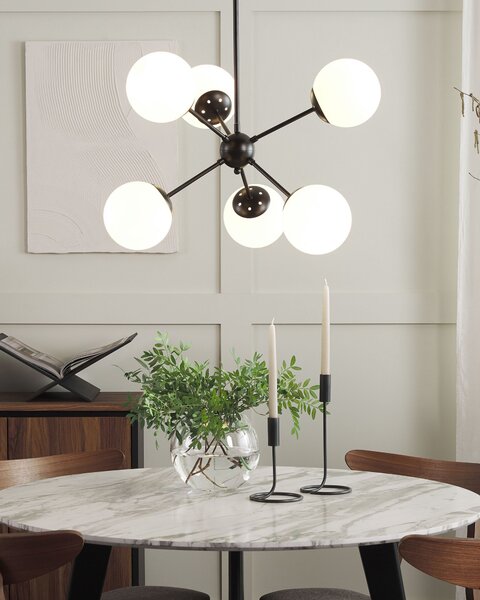 Závesná lampa čierna biela železo 100 cm 6 svetiel sklenené okrúhle tienidlá matný povrch moderný retro štýl obývačka