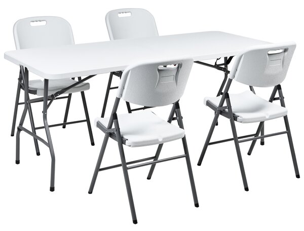 4-miestna záhradná jedálenská zostava biela syntetický materiál kovové nohy stôl 180 x 74 cm 4 skladacie stoličky