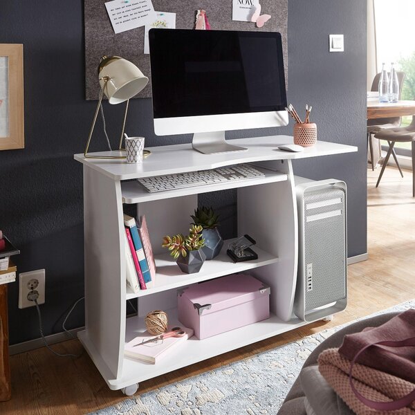 FineBuy počítačový stôl biely s kolieskami 90 cm