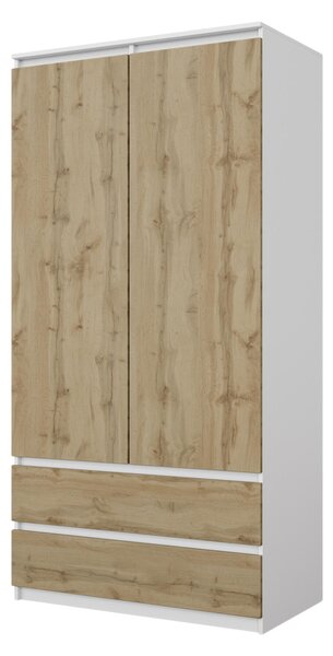 Šatníková Skriňa Biela Mat / Dub Wotan – Dvojdverová Skriňa do Spálne s 2 Zásuvkami, Šatníková Skriňa Š90 x V180 x H50 cm
