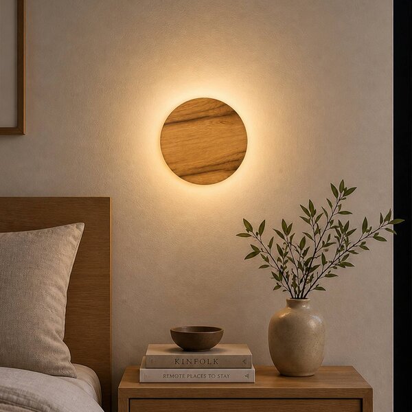 Elobra LED nástenné svetlo Havana S, dubové drevo/kov, Ø 19 cm, IP44, Tmavé drevo, Kúpeľňa, Drevo, Nástenné svietidlo