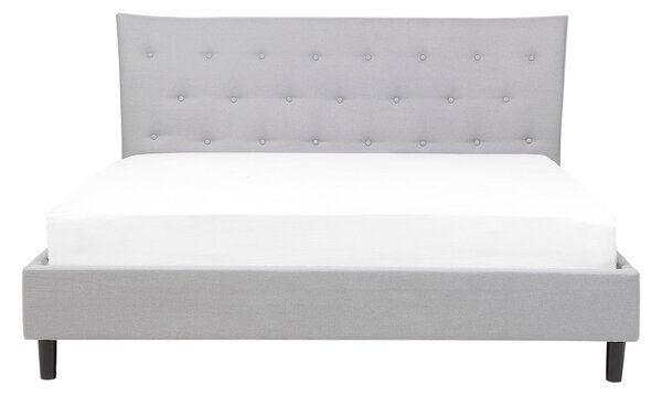 Posteľ svetlosivá látkové čalúnenie 160 x 200 cm prešívané čelo s gombíkmi v štýle Chesterfield lamelový rošt drevené nohy moderný štýl spálňa