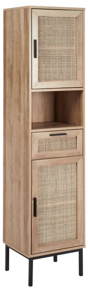 Vysoká kúpeľňová skrinka svetlé drevo drevotrieska ratanové čelo 40 x 165 cm boho dizajn
