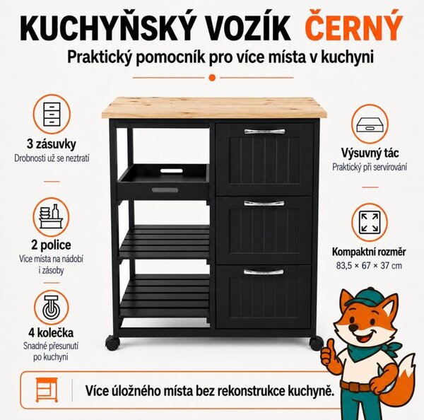 Kuchynský vozík na kolieskach so zásuvkami, čierny
