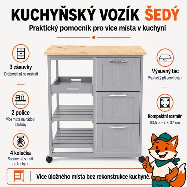 Kuchynský vozík na kolieskach so zásuvkami, sivý