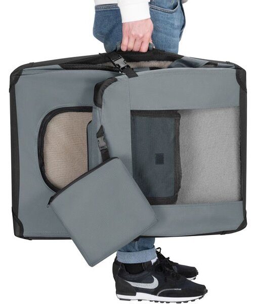 Skladací transportný box pre psov L s miskou a pelíškom, siv