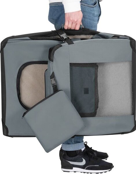 Skladací prepravný box pre psov, sivý, s posteľou, veľkosť S