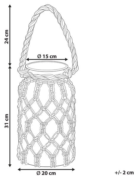 Dekoratívny lampáš zo skla 31 cm biely bavlnený z makramé s rúčkou boho dizajn
