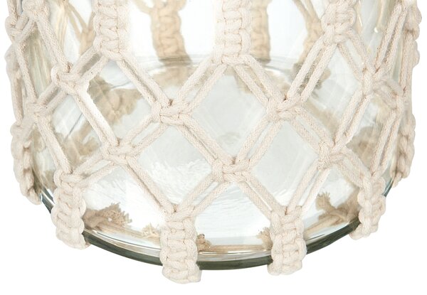 Dekoratívny lampáš zo skla 31 cm biely bavlnený z makramé s rúčkou boho dizajn