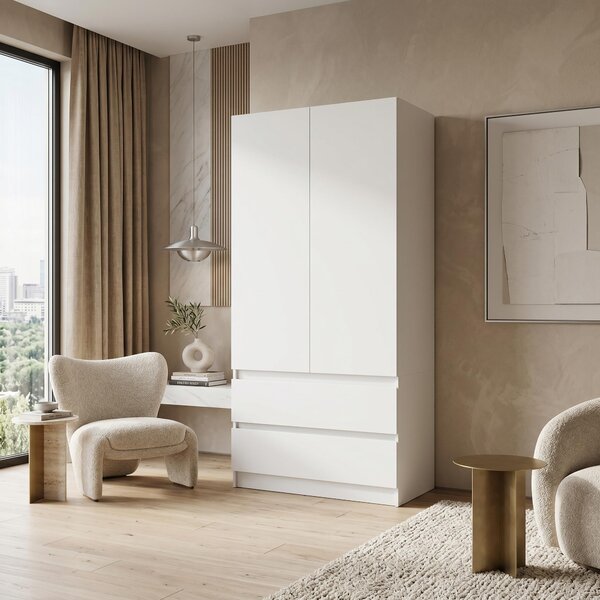 Šatníková skriňa Novela, biela, 2-dverová | Moderná spálňová skriňa 90 x 180 x 50 cm | Šatníková skriňa do predsiene a detskej izby, priestranná