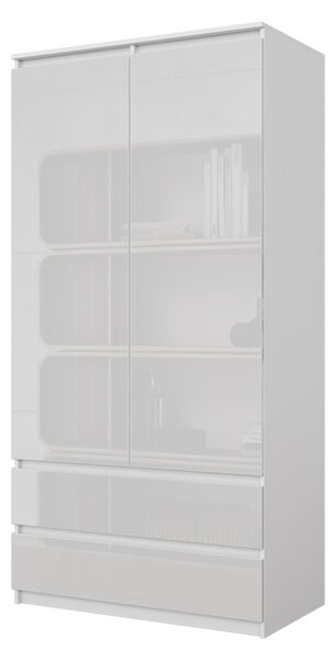 Šatníková Skriňa Biela Mat / Biely Lesk – Dvojdverová Skriňa do Spálne s 2 Zásuvkami, Šatníková Skriňa Š90 x V180 x H50 cm