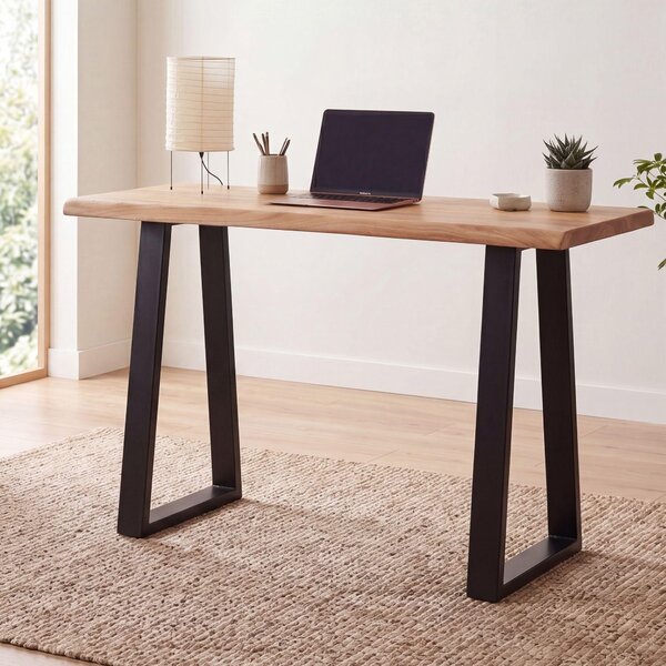 Stôl FineBuy 118 x 41 x 76,5 cm z masívneho akátového dreva / kovový počítačový stôl s prírodným okrajom dreva, stôl do domácej kancelárie, masívny úzky drevený stôl, stôl na notebook