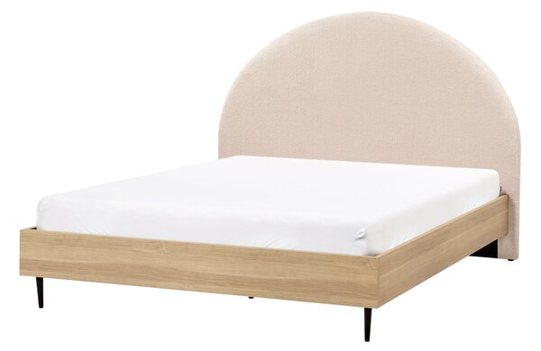 Posteľ béžová buklé svetlé drevo 140 x 200 cm čalúnené čelo MDF rám kovové nohy lamelový rošt moderný štýl spálňa