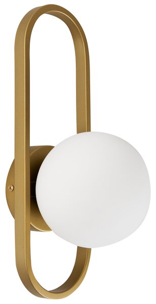 Nástenná lampa zlatá kovová základňa nepriehľadné sklenené tienidlo geometrický tvar moderný štýl obývacia izba spálňa