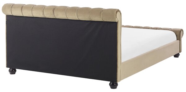 Posteľ béžová zamatová čalúnená 180 x 200 cm čierne drevené nohy glamour štýl spálňa