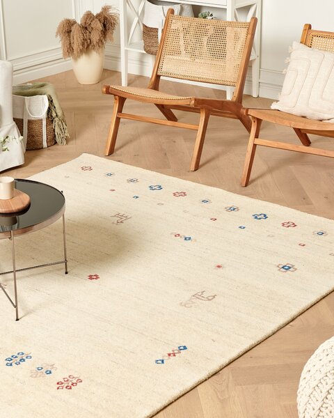 Koberec gabbeh béžový vlna 200 x 300 cm kvetovaný zvierací vzor ručne všívaný tradičný boho štýl obývačka spálňa