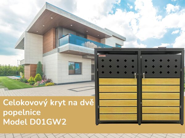 Prístrešok na odpadkové koše D01GW2, na 2 koše, celokovový kryt, moderný, antracit/hnedý