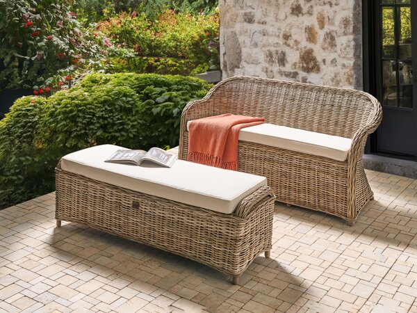 Záhradná lavička s taburetom prírodná ratanová krémovobiely podsedák 150 cm interiér exteriér boho štýl záhrada terasa balkón