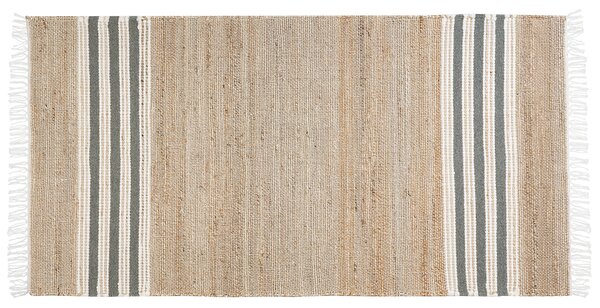 Koberec béžová a sivá juta 80 x 150 cm pásikavý vzor so strapcami obdĺžnikový tvar ručne tkaný boho štýl obývačka spálňa