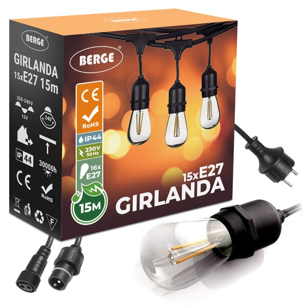BERGE Záhradná girlanda 15m + 16x 1W LED žiarovka