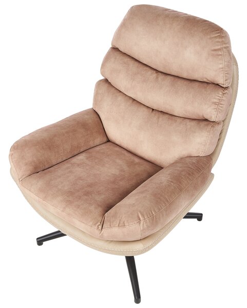 Kreslo s podnožkou béžové zamatové čalúnenie otočný podstavec prešívané sedadlo moderný mid century štýl obývačka spálňa
