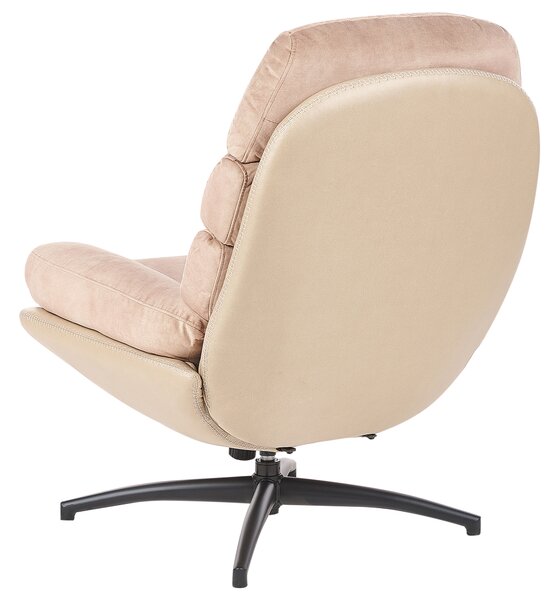 Kreslo s podnožkou béžové zamatové čalúnenie otočný podstavec prešívané sedadlo moderný mid century štýl obývačka spálňa