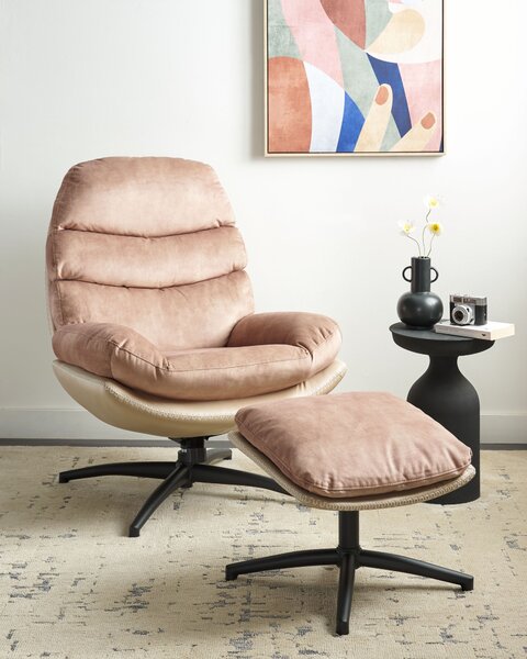 Kreslo s podnožkou béžové zamatové čalúnenie otočný podstavec prešívané sedadlo moderný mid century štýl obývačka spálňa