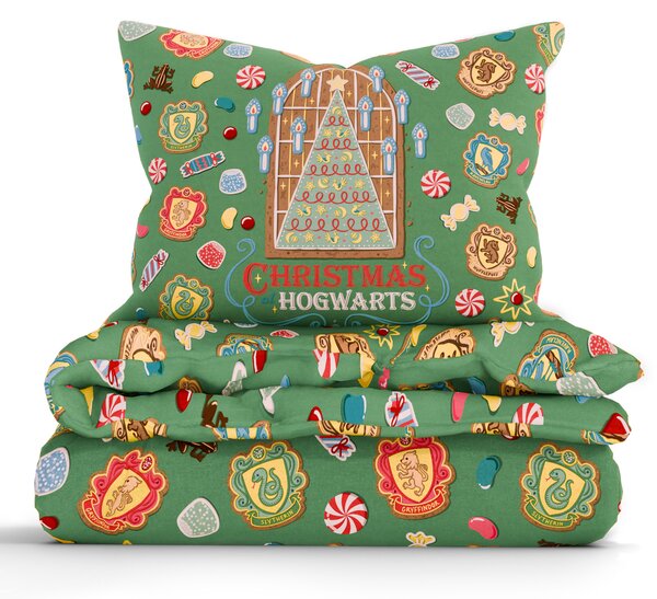 Bavlnené obliečky Renforcé - Christmas at Hogwarts tmavo zelené