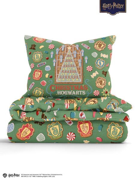 Bavlnené obliečky Renforcé - Christmas at Hogwarts tmavo zelené