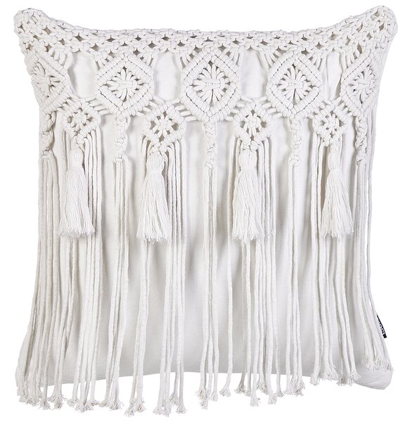 Sada 2 dekoratívnych vankúšov biela bavlna makramé 45 x 45 cm so strapcami boho retro štýl doplnky