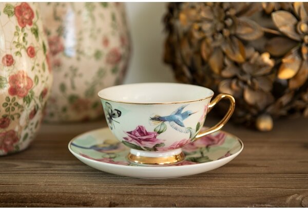 Porcelánová šálka s tanierikom s kvetmi a vtáčikmi - 12*10*6 cm / Ø 15*2 cm / 200 ml - Clayre & Eef