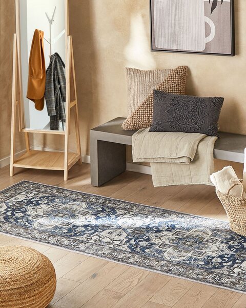 Koberec sivý a modrý polyester 80 x 300 cm s orientálnym vzorom behúň moderná kuchyňa chodba