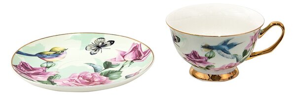 Porcelánová šálka s tanierikom s kvetmi a vtáčikmi - 12*10*6 cm / Ø 15*2 cm / 200 ml - Clayre & Eef