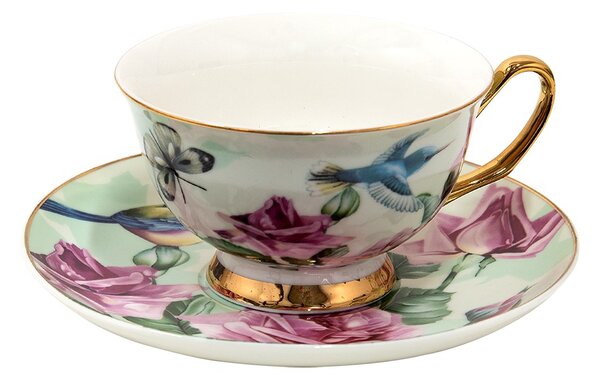 Porcelánová šálka s tanierikom s kvetmi a vtáčikmi - 12*10*6 cm / Ø 15*2 cm / 200 ml - Clayre & Eef
