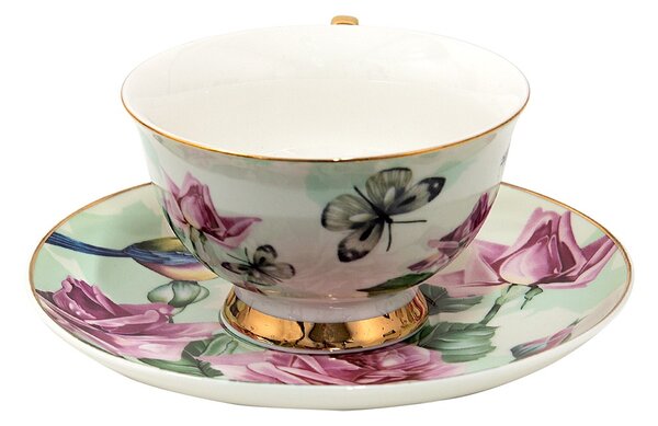 Porcelánová šálka s tanierikom s kvetmi a vtáčikmi - 12*10*6 cm / Ø 15*2 cm / 200 ml - Clayre & Eef