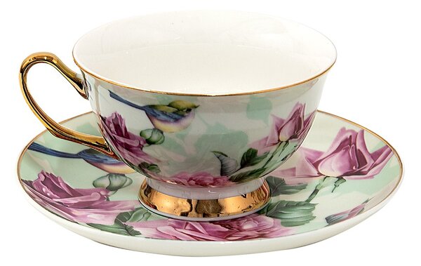 Porcelánová šálka s tanierikom s kvetmi a vtáčikmi - 12*10*6 cm / Ø 15*2 cm / 200 ml - Clayre & Eef