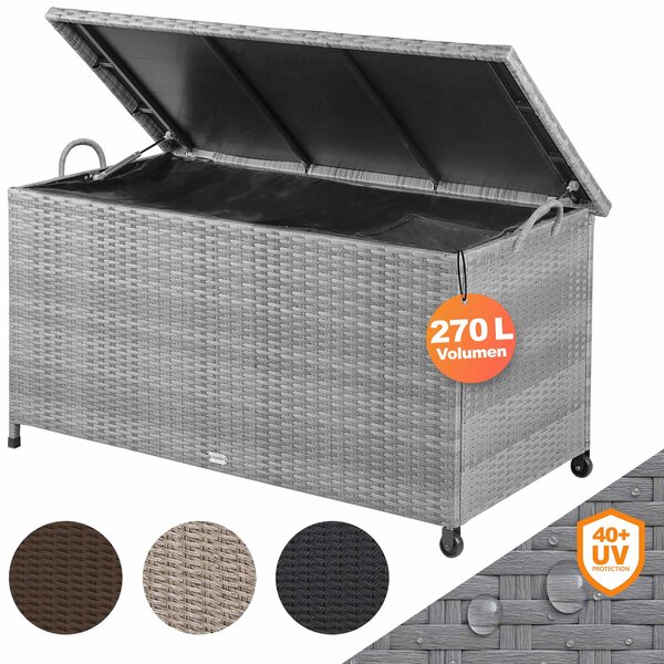 CASARIA® Záhradný box na matrace s kolieskami, úložný priestor 420 l, odolný voči UV žiareniu, s rukoväťami a plynovou pružinou, odolný voči poveternostným vplyvom, 122 x 56 cm, záhradný a balkónový úložný box, sivý