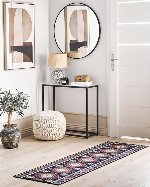 Koberec behúň modrá a červená polyester 60 x 200 cm orientálny geometrický vzor protišmykový vintage moderný štýl predsieň