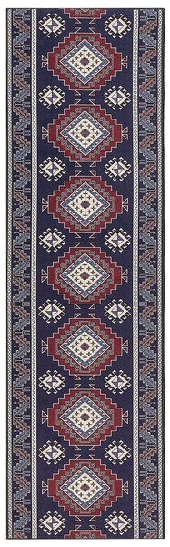 Koberec behúň modrá a červená polyester 60 x 200 cm orientálny geometrický vzor protišmykový vintage moderný štýl predsieň