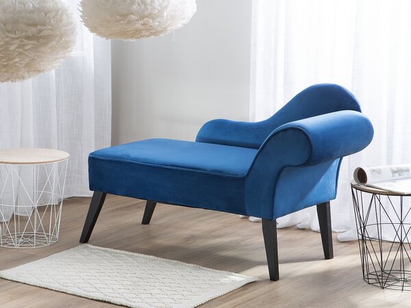 Leňoška modrá zamatová čalúnená tmavé drevené nohy pravostranná retro elegantný dizajn