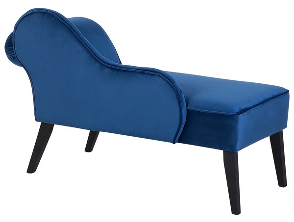 Leňoška modrá zamatová čalúnená tmavé drevené nohy pravostranná retro elegantný dizajn