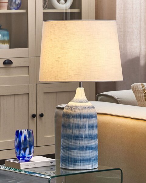 Stolná lampa modrá keramická 66 cm biele látkové tienidlo klasická lampa na nočný stolík