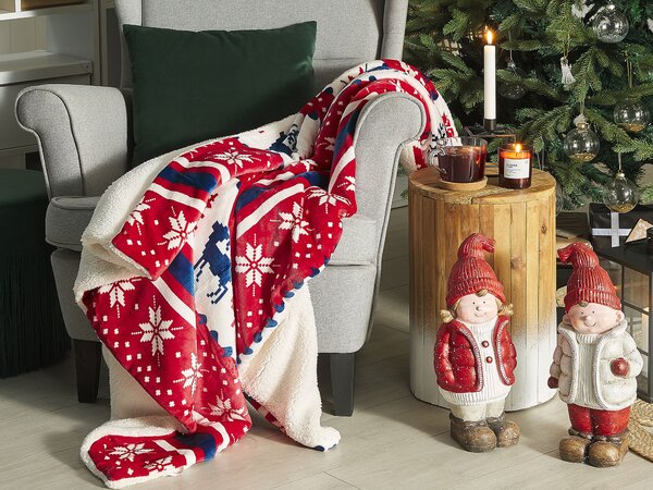 Deka červená modrá flanel polyester 150 x 200 cm geometrický vianočný vzor kožušinová prikrývka na zimu klasický štýl doplnky