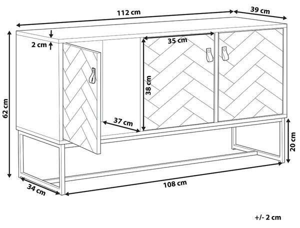 Komoda svetlé drevo biela MFD kov 62 x 112 x 39 cm 3-dverová 3 skrinky úložný priestor moderný štýl obývačka spálňa