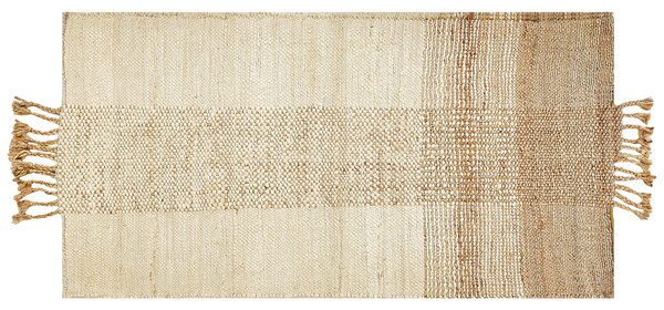 Koberec béžový jutový 80 x 150 cm obdĺžnikový ručne tkaný so strapcami boho dizajn spálňa obývacia izba