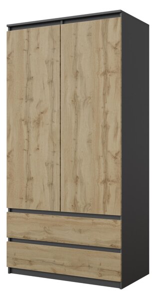 Šatníková Skriňa Antracit / Dub Wotan – Dvojdverová Skriňa do Spálne s 2 Zásuvkami, Šatníková Skriňa Š90 x V180 x H50 cm