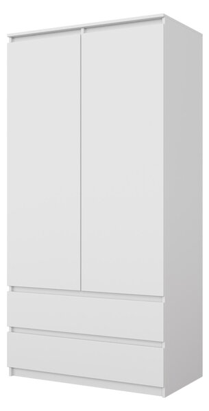 Šatníková Skriňa Biela Mat – Dvojdverová Skriňa do Spálne s 2 Zásuvkami, Šatníková Skriňa Š90 x V180 x H50 cm