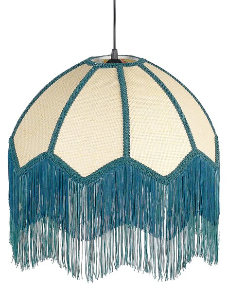 Závesná lampa modrá papierová tkanina 182 cm lemovaná strapcami osvetlenie závesné svetlo retro vintage